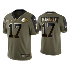 Men's Kansas City Chiefs #17 Mecole Hardman Olive Gold 2021 Salute To Service Limited Jersey