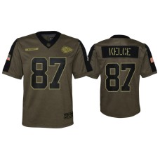 Youth Kansas City Chiefs #87 Travis Kelce Olive 2021 Salute To Service Game Jersey