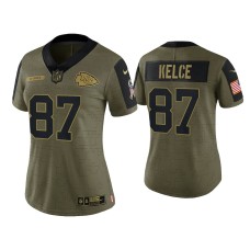 Women's Kansas City Chiefs #87 Travis Kelce Olive 2021 Salute To Service Limited Jersey