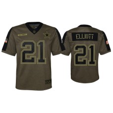 Youth Dallas Cowboys #21 Ezekiel Elliott Olive 2021 Salute To Service Game Jersey