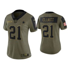 Women's Dallas Cowboys #21 Ezekiel Elliott Olive 2021 Salute To Service Limited Jersey