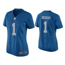 Women's Detroit Lions #1 Jeff Okudah Blue Throwback Game Jersey