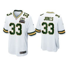 Men's Green Bay Packers #33 Aaron Jones White 4X Super Bowl Champions Patch Game Jersey