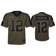 Youth Green Bay Packers #12 Aaron Rodgers Olive 2021 Salute To Service Game Jersey