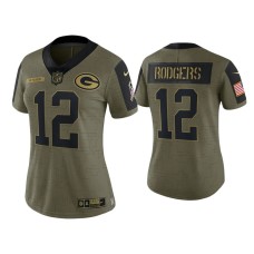 Women's Green Bay Packers #12 Aaron Rodgers Olive 2021 Salute To Service Limited Jersey