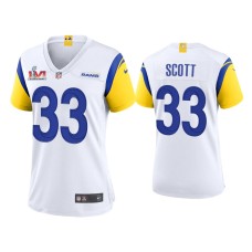 Women's Los Angeles Rams #33 Nick Scott Super Bowl LVI Champions White Game Jersey