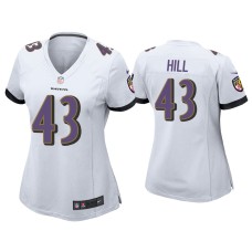 Women's Baltimore Ravens #43 Justice Hill White Game Jersey