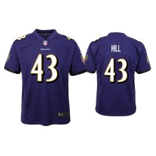 Youth Baltimore Ravens #43 Justice Hill Purple Game Jersey