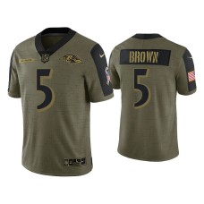 Men's Baltimore Ravens #5 Marquise Brown Olive 2021 Salute To Service Limited Jersey