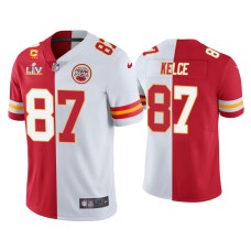 Men's Kansas City Chiefs #87 Travis Kelce Red White Super Bowl LV Split Jersey