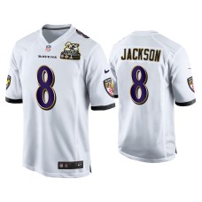 Men's Baltimore Ravens #8 Lamar Jackson White 2X Super Bowl Champions Patch Game Jersey