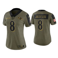 Women's Baltimore Ravens #8 Lamar Jackson Olive 2021 Salute To Service Limited Jersey